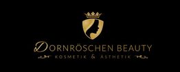 Logo von Dornröschen Beauty: Goldene Krone und Silhouette auf schwarzem Hintergrund.