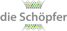 Text „die Schöpfer“ mit grünen und grauen Punkten in Kroneform darüber und darunter.