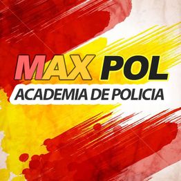 Texto "MAX POL ACADEMIA DE POLICÍA" sobre fondo rojo, amarillo y blanco pintado con brochazos.
