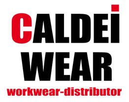 Logo con scritta "Caldei Wear" in nero, "workwear-distributor" in rosso.