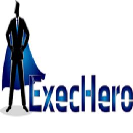 Silhouette of a superhero in a suit with "ExecHero" text in blue font.