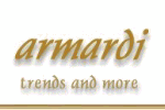 Logo mit Schriftzug "armardi" und Slogan "trends and more" in goldener, geschwungener Schrift.