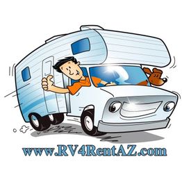 Cartoon man and dog driving an RV with "www.RV4RentAZ.com" below.