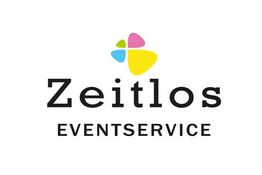 Logo des "Zeitlos Eventservice" mit buntem, abstraktem Symbol darüber.