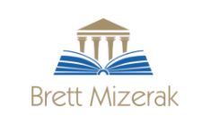 Logo with a book and pillars above the name "Brett Mizerak."