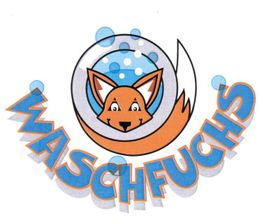Logo mit Fuchs in einer Waschmaschine und dem Schriftzug "Waschfuchs" in Blau und Orange.