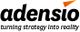 Logo mit Text: "adensio - turning strategy into reality", Pfeil über dem "o".