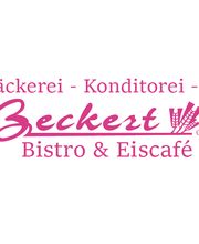 Logo von "Beckert GmbH", Bäckerei, Konditorei und Café in Rosa mit Zeichnungen von Kindern und Bäumen.