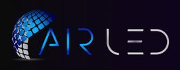 Schwarzer Hintergrund mit dem Logo "AIR LED" und einem blauen, pixelartigem Globus.