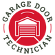 Red garage door icon with text: "Garage Door Technician" in a circular design.