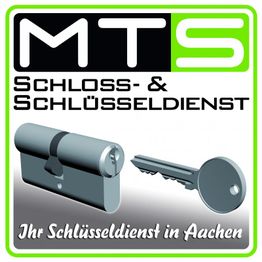 MTS Schloss- & Schlüsseldienst-Logo mit Zylinder und Schlüssel, Text: Ihr Schlüsseldienst in Aachen.