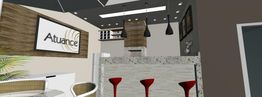 Espaço moderno com balcão, três banquetas vermelhas, e luminárias elegantes. Logo "Atuance" na parede.