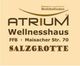 Braunes Wellnesshaus-Logo auf beigem Hintergrund, Text: "Atrium, Maisacher Str. 70, Salzgrotte".