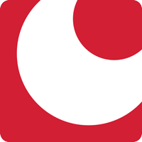 Rotes Quadrat mit weißem Kreis im Inneren, ein abstraktes Logo-Design.