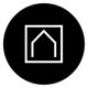 Icono de casa blanca en un fondo negro circular.