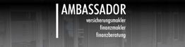 Schwarz-weißes Bild mit dem Wort "AMBASSADOR" und den Begriffen Versicherungen und Finanzen.