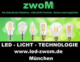 Sechs LED-Glühbirnen auf grünem Hintergrund; Text: "LED - LICHT - TECHNOLOGIE; www.led-zwom.de"