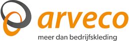 Logo van Arveco met oranje tekst en slogan "meer dan bedrijfskleding", met twee cirkels.