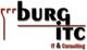 Logo mit Text "Burg ITC", darunter "IT & Consulting", rote und schwarze Schrift auf weißem Hintergrund.
