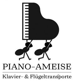 Zwei Ameisen tragen ein Klavier. Text: „Piano-Ameise: Klavier- & Flügeltransporte“.