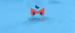 Logo di CiaoMondoStudio su sfondo blu con scritta "progettazione grafica & web".