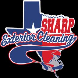 Texas-shaped logo for Sharp Exterior Cleaning, featuring a worker in red and blue colors.