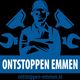 Blauw logo van Ontstoppen Emmen met monteur en gereedschap, website vermeld onderaan.