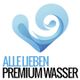 Blaues Wellenherz mit Text "Alle lieben Premium Wasser".
