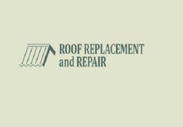 Logo with roof icon and text: "Roof Replacement and Repair" on a beige background.