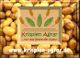 Logo von Krispien Agrar auf Kartoffelhintergrund, mit Slogan und Website-Adresse.