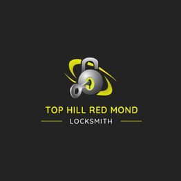 Logo with a lock and swirling design for Top Hill Red Mond Locksmith on a black background.