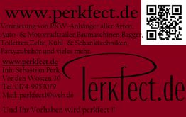 Visitenkarte mit QR-Code, Kontaktinfo und Dienstleistungen zur Vermietung von PKW-Anhängern.