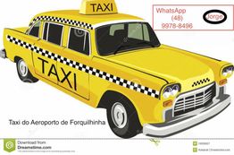 Táxi amarelo do Aeroporto de Forquilhinha com contato de WhatsApp no canto superior.
