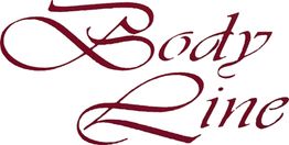 Schriftzug „Body Line“ in geschwungener, weinroter Schrift auf weißem Hintergrund.