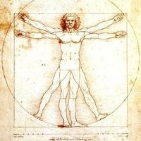 Zeichnung eines nackten Mannes mit ausgestreckten Armen und Beinen, umgeben von Kreis und Quadrat.