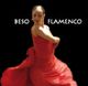 Tänzerin in rotem Kleid tanzt leidenschaftlich Flamenco vor schwarzem Hintergrund. Text: Beso Flamenco.
