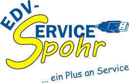 Logo von EDV-Service Spohr mit USB-Symbol und Slogan „ein Plus an Service“.
