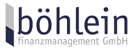 Logo der böhlein finanzmanagement gmbh mit stilisiertem B in blaugrauem Design.