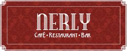 Rotes Schild mit weißem Text: "NERLY Café · Restaurant · Bar" in dekorativen Buchstaben.