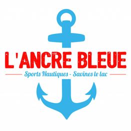 Logo de L'Ancre Bleue avec ancre bleue et texte rouge pour sports nautiques à Savines le Lac.