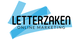Logo van Letterzaken, Online Marketing, met blauwe strepen op achtergrond.
