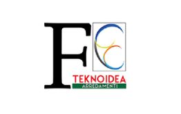 Logo con lettera F stilizzata, cerchi colorati e testo "Teknoidea Arredamenti" su fondo bianco.