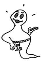 Gezeichnetes fröhliches Gespenst mit Schlüsselbund am Gürtel, das winkt.