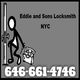 Stick figure locksmith with tools, text: "Eddie and Sons Locksmith NYC, 646-661-4746."