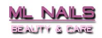 Textlogo "ML NAILS Beauty & Care" in rosa und lila Schrift.