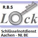 Logo: Schlüssel mit Text "R.B.S Lock, Schlüsseldienst Aachen - NL BE".