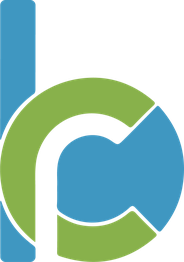 Abstract design with interlocking blue and green shapes forming a stylized lowercase "b" and "c".