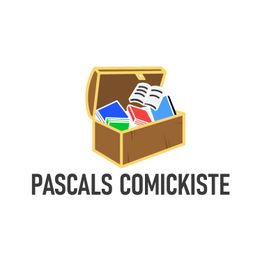 Eine Schatztruhe voller bunter Comics und Bücher, darunter der Text "Pascals Comickiste".
