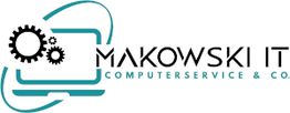Logo von Makowski IT mit Zahnrädern und Laptop-Symbol, Text "Computerservice & Co."