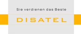 Graues Logo mit Schriftzug "DISATEL" in Gelb und Slogan "Sie verdienen das Beste" in Schwarz.